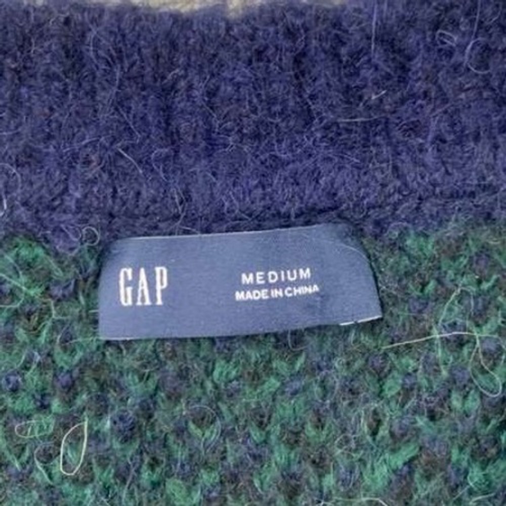 Gap Sweater Women M Blue Green Blue Plaid Alpaca Wool Blend V Neck Pullover Knit - Picture 3 of 9